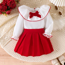 Cargar imagen en el visor de la galería, Blusa blanca con moño y pollera tableado rojo
