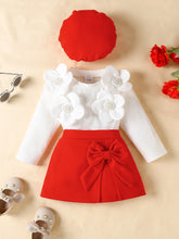 Cargar imagen en el visor de la galería, Blusa blanco con flores, pollera con moño y boina
