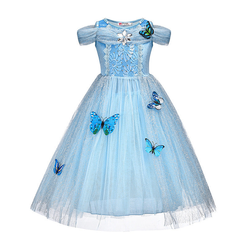 Vestido celeste estilo Cenicienta con detalles de mariposas