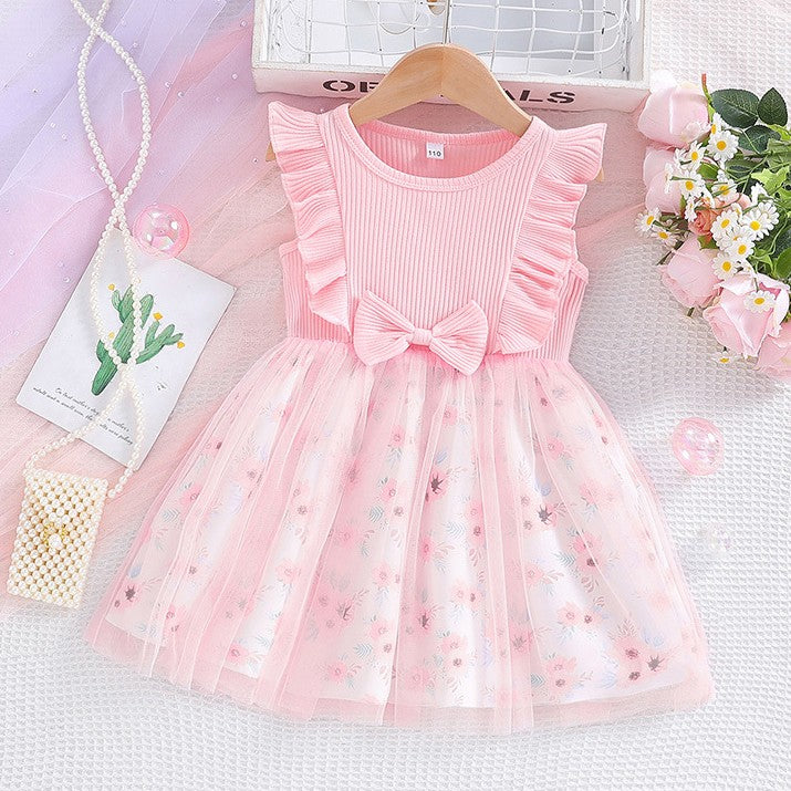 Vestido acanalado con volados, estampa de flores y tul