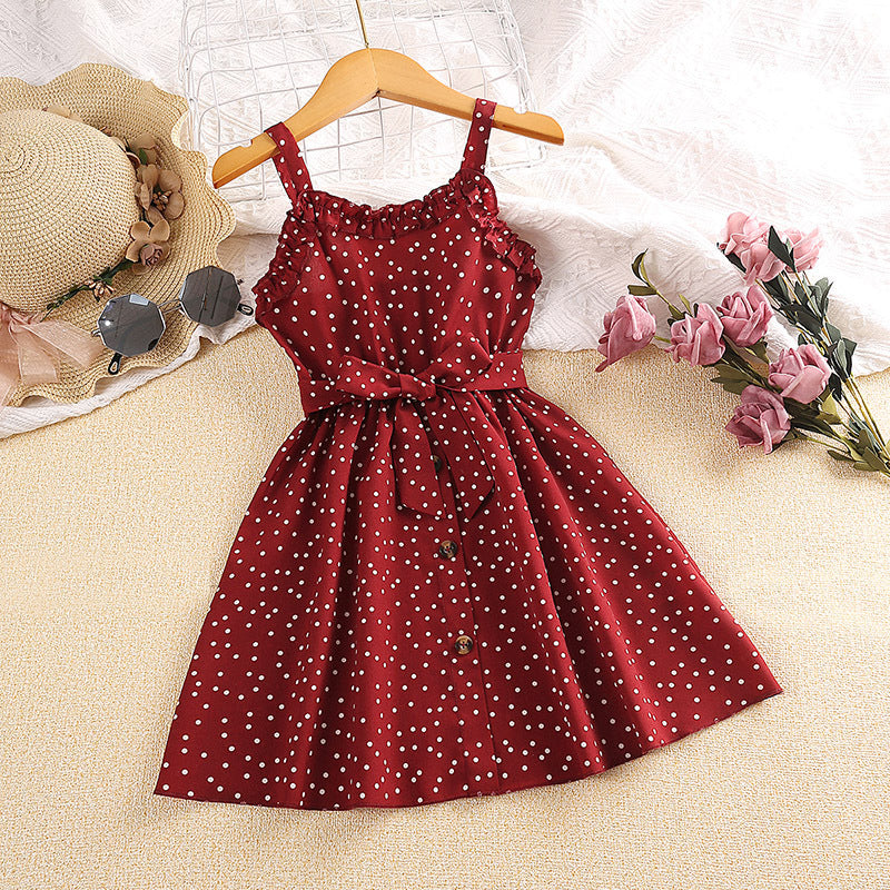 Vestido bordo con motas blancas y cinto