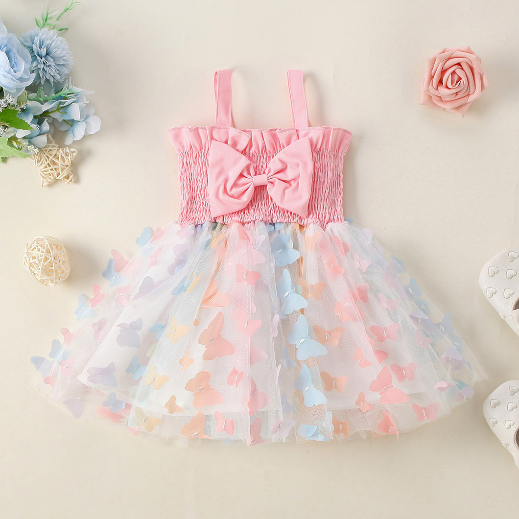 Vestido engomado con moño,  falda de mariposas coloridas
