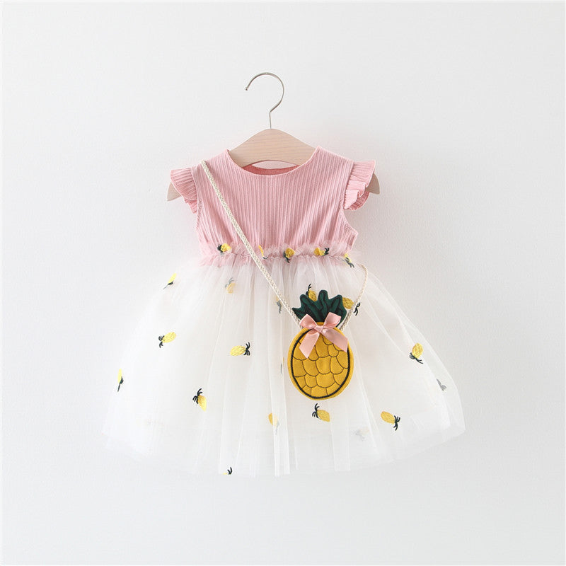 Vestido acanalado, falda de tul con bordado y peluche de piña