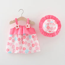 Cargar imagen en el visor de la galería, Vestido con estampas de flores con volado en rosa y sombrero
