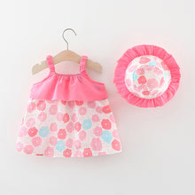 Cargar imagen en el visor de la galería, Vestido con estampas de flores con volado en rosa y sombrero
