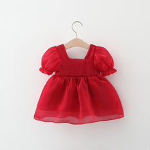 Carregar imagem no visualizador da galeria, Vestido de tul rojo con mangas abullonadas y moño crema
