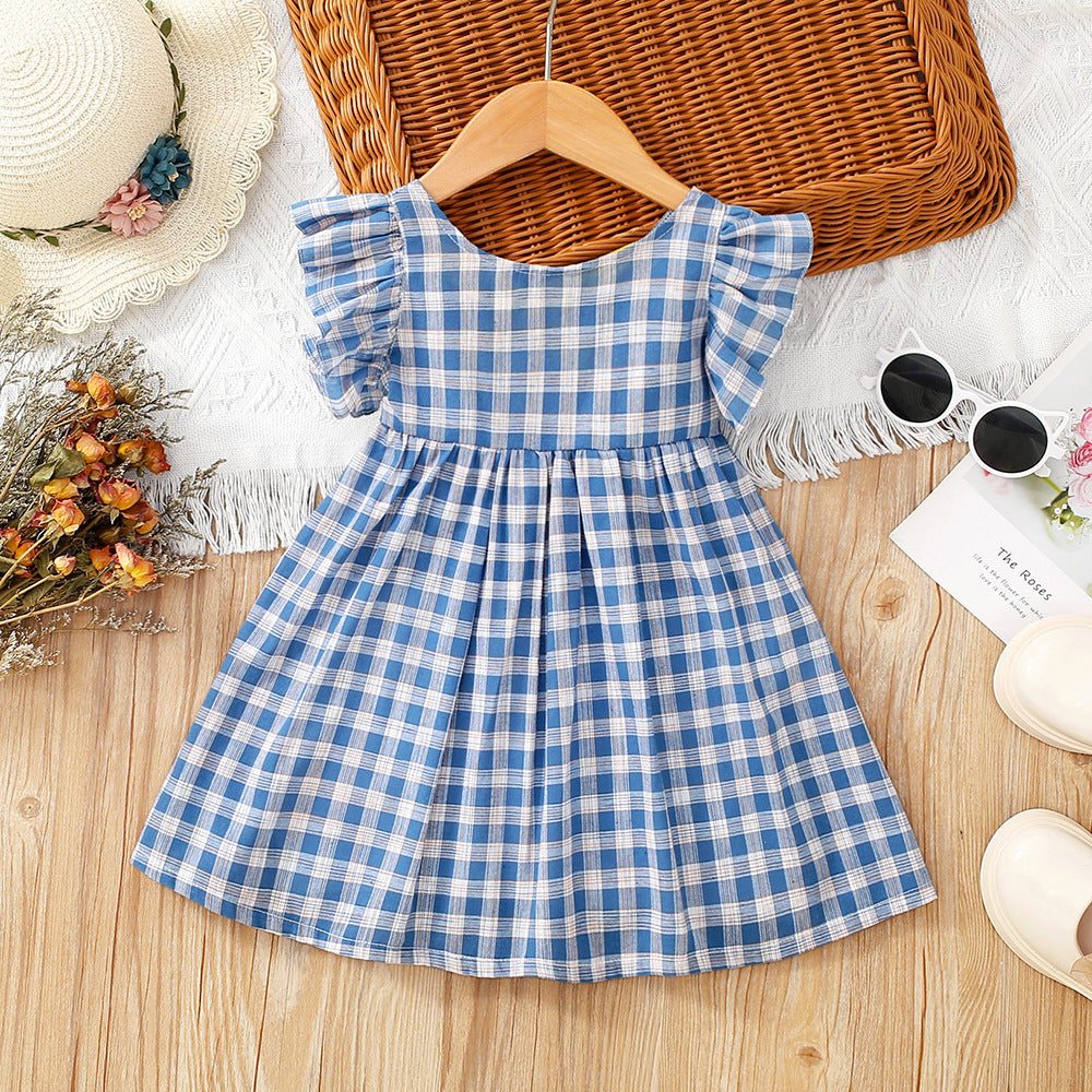 Vestido a cuadros azul con espalda cruzada y volados