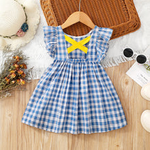 Carregar imagem no visualizador da galeria, Vestido a cuadros azul con espalda cruzada y volados
