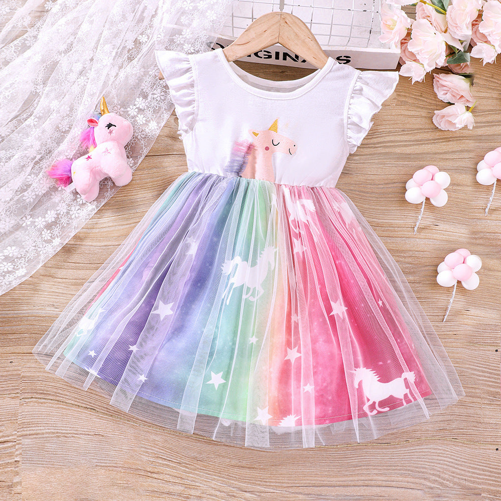 Vestido de unicornio con volado y falda de tul  colorido