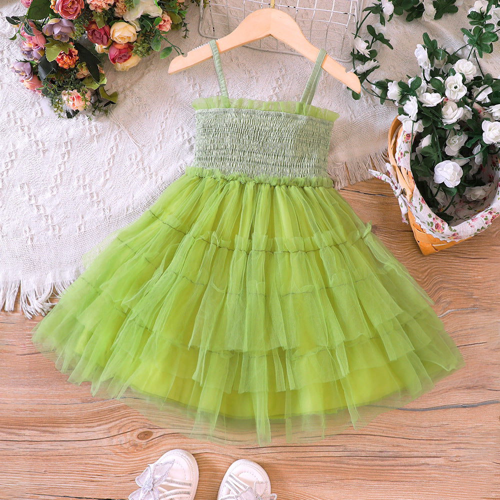 Vestido verde engomado con falda de tul escalonado