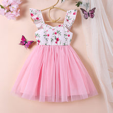 Carregar imagem no visualizador da galeria, Vestido blanco con estampas de flores y falda de tul rosa
