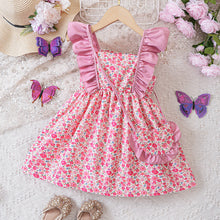 Carregar imagem no visualizador da galeria, Vestido floreado con volado rosa y cartera
