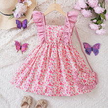 Carregar imagem no visualizador da galeria, Vestido floreado con volado rosa y cartera
