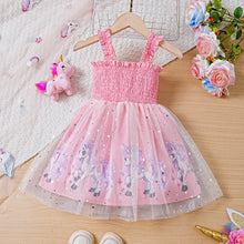 Carregar imagem no visualizador da galeria, Vestido rosa engomado con estampas de unicornios y tul
