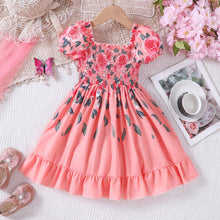 Carregar imagem no visualizador da galeria, Vestido engomado salmón  con estampas de flores y mangas abullonadas
