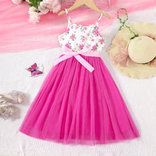 Carregar imagem no visualizador da galeria, Vestido blanco con estampas de flores y falda de tul pink con cinto
