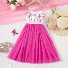 Carregar imagem no visualizador da galeria, Vestido blanco con estampas de flores y falda de tul pink con cinto
