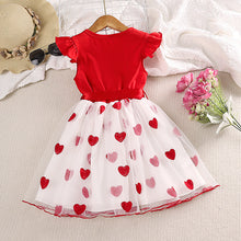 Carregar imagem no visualizador da galeria, Vestido rojo con volado, falda de tul blanco con estampas de corazones y cinto
