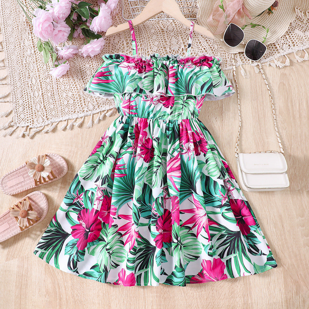 Vestido con hombros rectos, estampas de flores y hojas