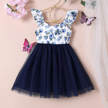 Carregar imagem no visualizador da galeria, Vestido blanco con estampas de flores y falda de tul azul marino
