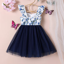 Carregar imagem no visualizador da galeria, Vestido blanco con estampas de flores y falda de tul azul marino
