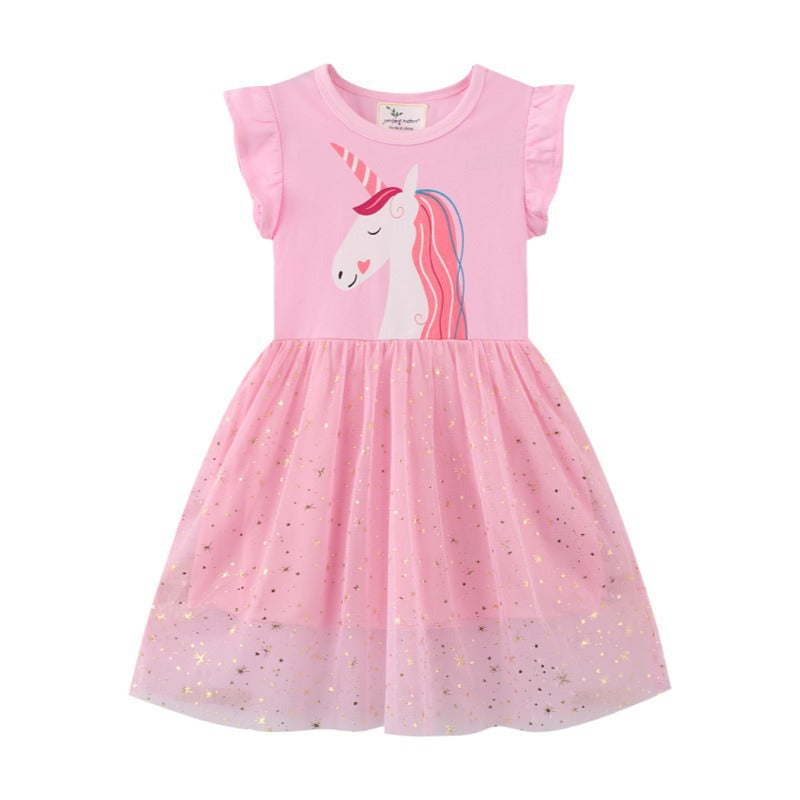 Vestido rosa de unicornio y falda de tul  con brillo