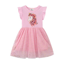 Carregar imagem no visualizador da galeria, Vestido rosa de unicornio y falda de tul con brillo dorado
