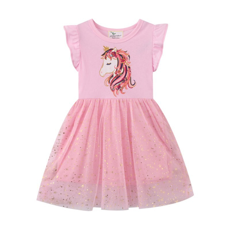 Vestido rosa de unicornio y falda de tul con brillo dorado
