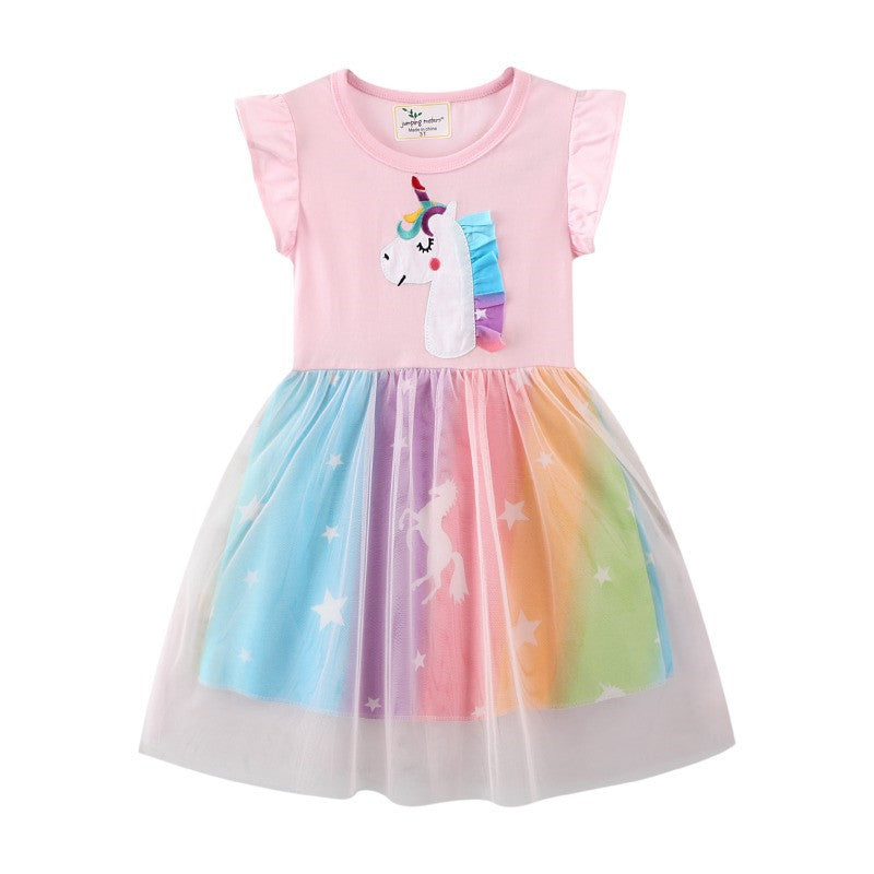Vestido rosa de unicornio y falda colorida con tul
