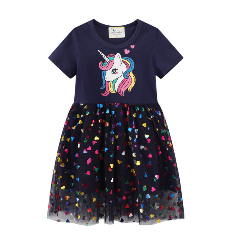 Vestido azul marino de unicornio y falda de tul con motas de corazones