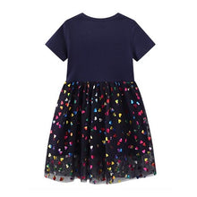 Carregar imagem no visualizador da galeria, Vestido azul marino de unicornio y falda de tul con motas de corazones
