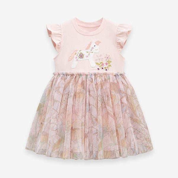 Vestido rosa de unicornio con falda de flores