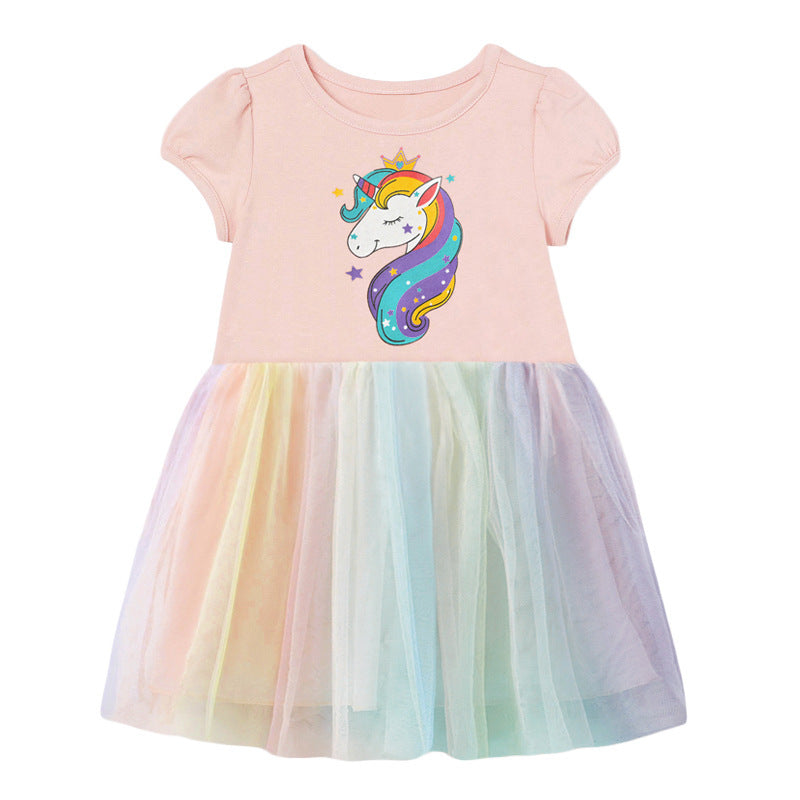 Vestido rosa de unicornio con falda colorida de tul