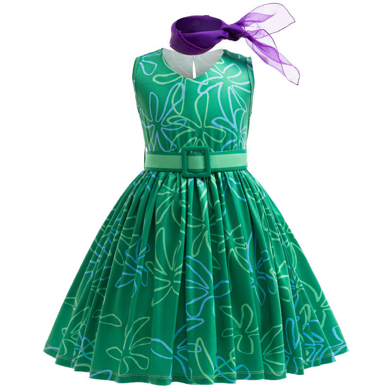 Vestido verde oscuro con pañuelo y cinto estilo Desagrado de Intensamente