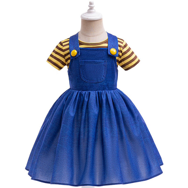 Vestido tipo jardinera azul,blusa a rayas negro con amarillo estilo minnions Agnes Gru