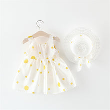 Cargar imagen en el visor de la galería, Vestido blanco con motas amarillo, moño grande y sombrero
