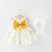 Cargar imagen en el visor de la galería, Vestido blanco con motas amarillo, moño grande y sombrero

