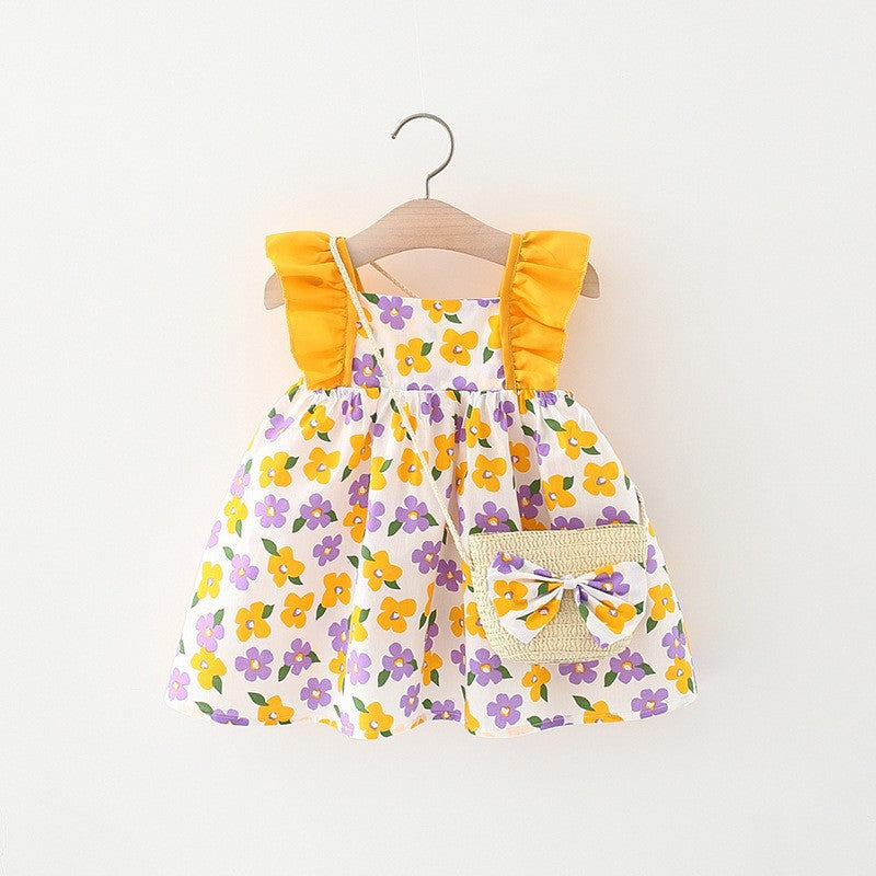 Vestido con estampas de flores con volados y cartera