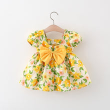 Carregar imagem no visualizador da galeria, Vestido con estampas de flores, mangas abullonadas y moño
