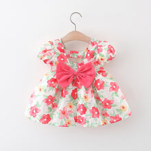 Carregar imagem no visualizador da galeria, Vestido con estampas de flores, mangas abullonadas y moño
