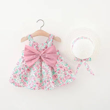 Carregar imagem no visualizador da galeria, Vestido con estampas de flores con moño y sombrero
