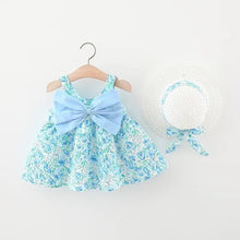 Carregar imagem no visualizador da galeria, Vestido con estampas de flores con moño y sombrero
