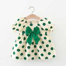 Carregar imagem no visualizador da galeria, Vestido con motas verdes , manga abullonadas y moño
