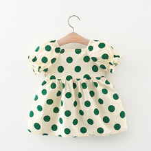 Carregar imagem no visualizador da galeria, Vestido con motas verdes , manga abullonadas y moño
