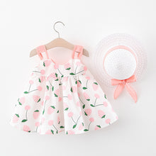 Carregar imagem no visualizador da galeria, Vestido blanco con estampas de frutillas, moño rosa y sombrero
