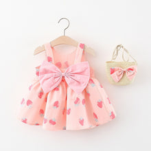 Cargar imagen en el visor de la galería, Vestido con estampas de frutillas, moño y cartera
