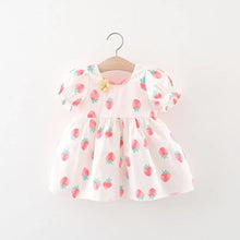 Carregar imagem no visualizador da galeria, Vestido con estampas de frutillas, mangas abullonadas con moño
