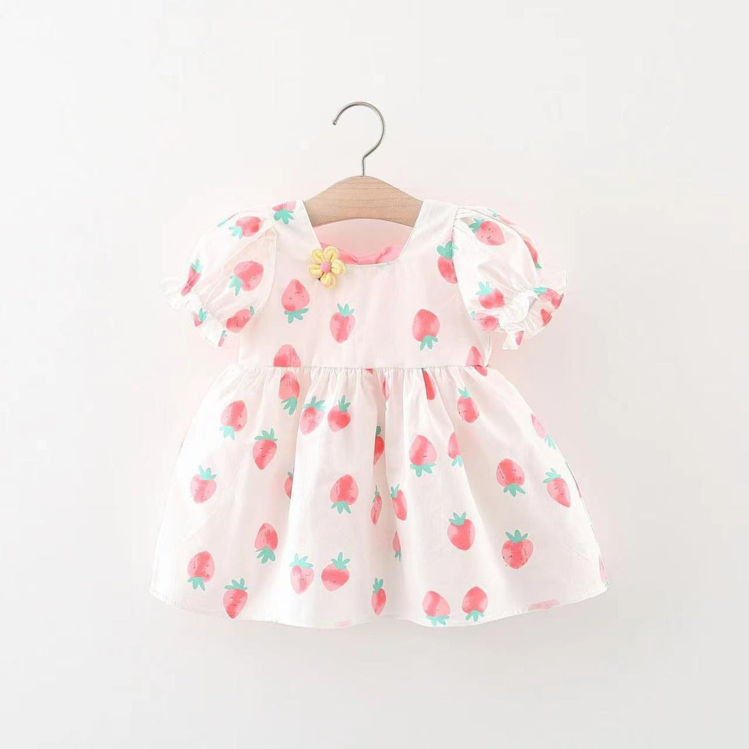 Vestido con estampas de frutillas, mangas abullonadas con moño
