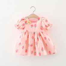 Carregar imagem no visualizador da galeria, Vestido con estampas de frutillas, mangas abullonadas con moño
