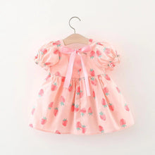 Carregar imagem no visualizador da galeria, Vestido con estampas de frutillas, mangas abullonadas con moño
